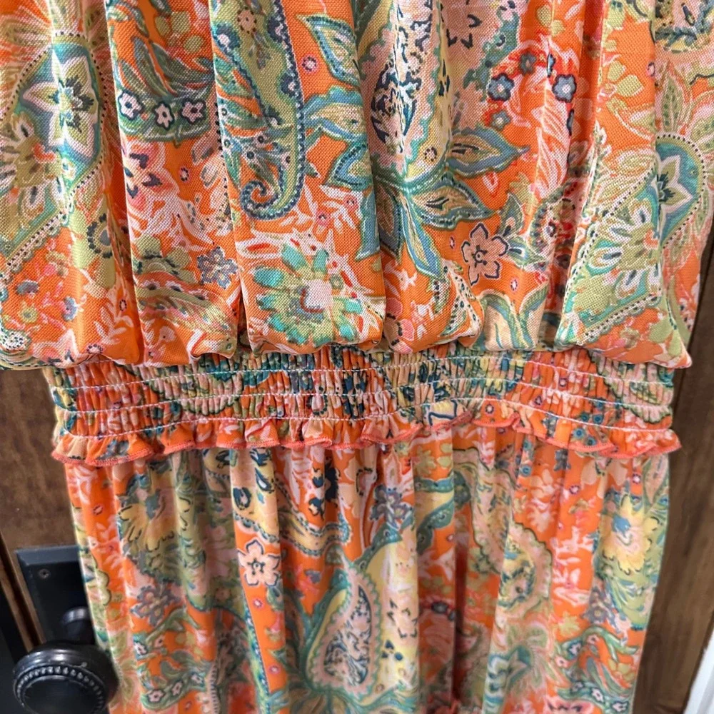 Joie de Vivre Tiered Mesh Midi Dress Women Size M Orange Paisley Smocked Waist - Picture 8 of 13